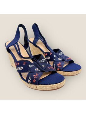 New Christopher & Banks Navy Blue Wedge Sandals Embroidered Floral Straps sz 10M